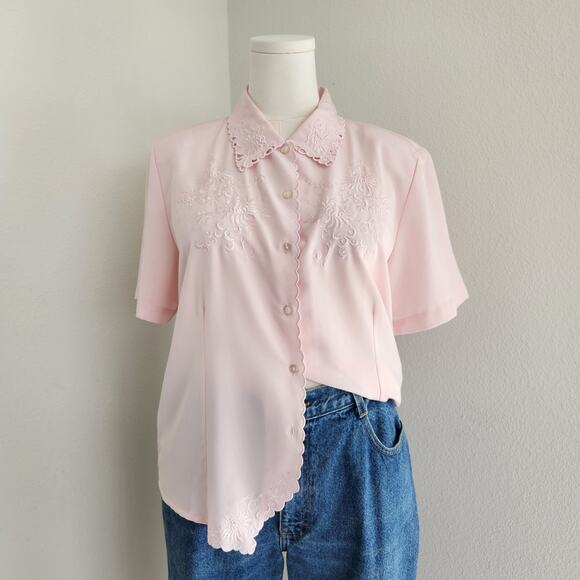 Vintage 80s Joanna Pink Embroidered Scalloped Button Down Short Sleeve Blouse M - Picture 1 of 10